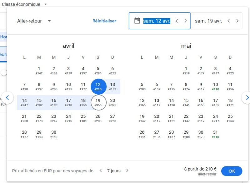 Vue calendrier sur l'outil Google Flights pour un aller-retour Paris-Madrid
