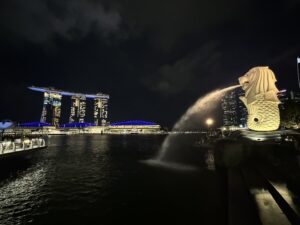Le merlion et le Marina Bay Sands, la nuit