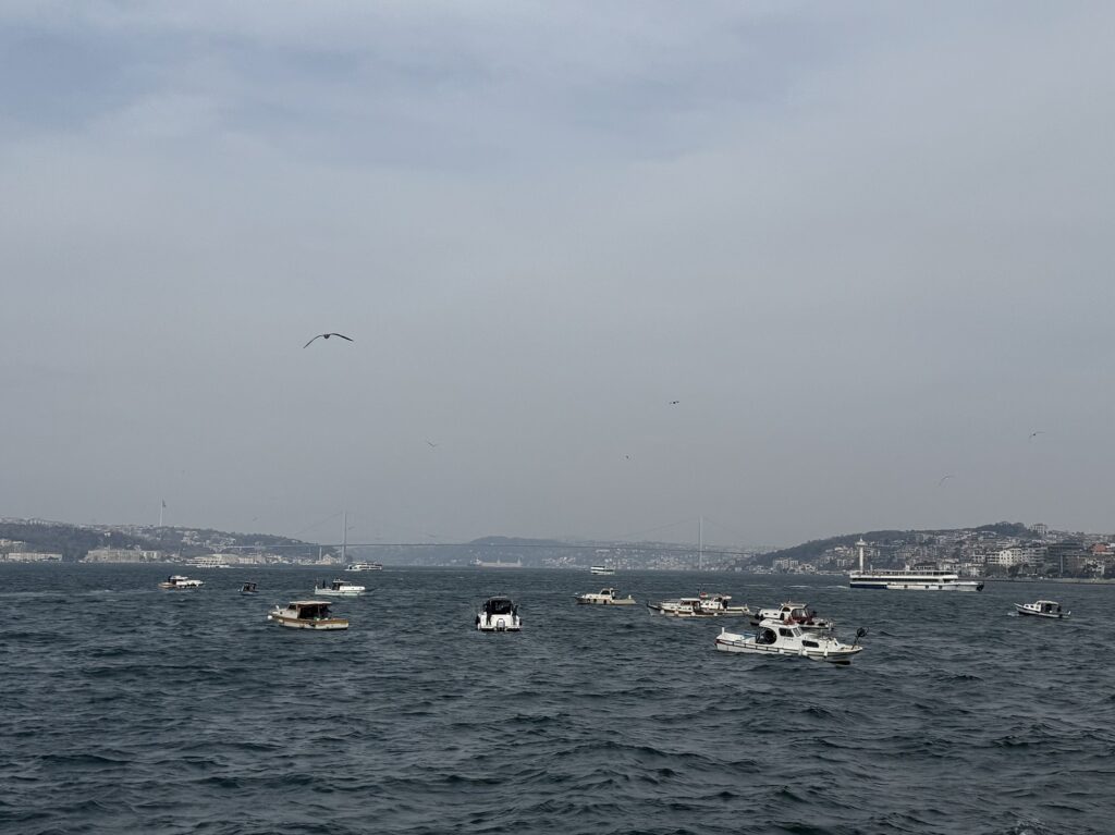 Le trafic des bateaux sur le détroit du Bosphore, avec le Pont des martyrs du 15 juillet en arrière-plan (la rive asiatique est à droite)