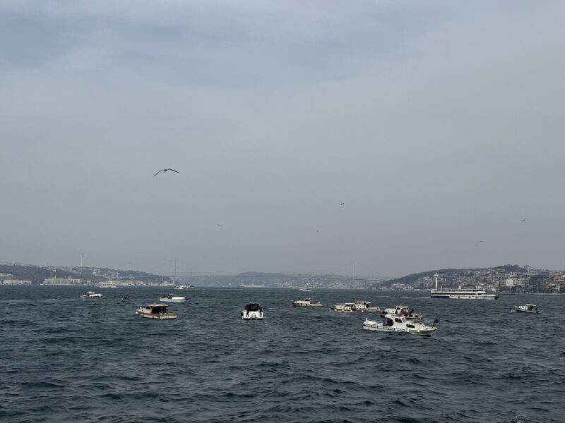 Le trafic des bateaux sur le détroit du Bosphore, avec le Pont des martyrs du 15 juillet en arrière-plan (la rive asiatique est à droite)