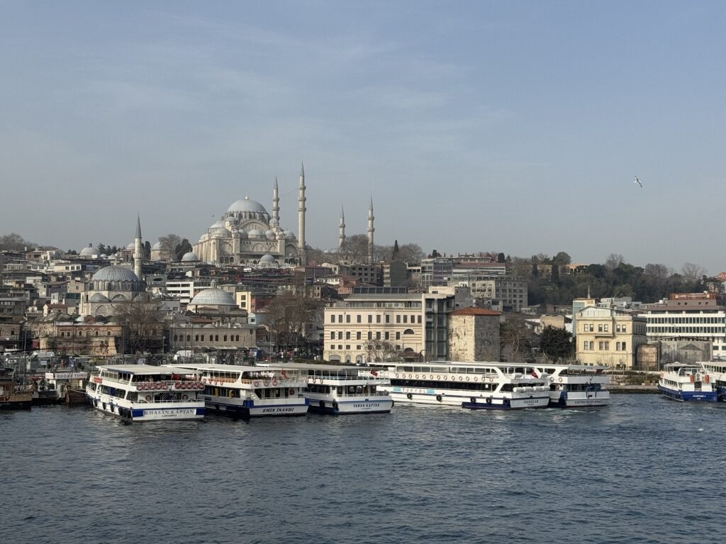 Des ferrys à quai à Istanbul, avec la mosquée Süleymaniye en arrière-plan