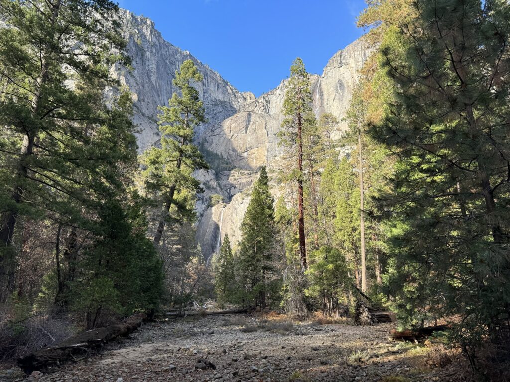 Une courte marche depuis le parking offre déjà une vue dégagée sur les Yosemite Falls, une série de trois cascades