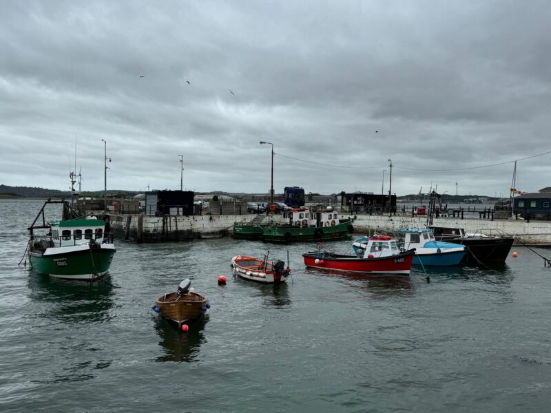 Des petits bateaux de pêche au mouillage dans le port de Cobh (Irlande)