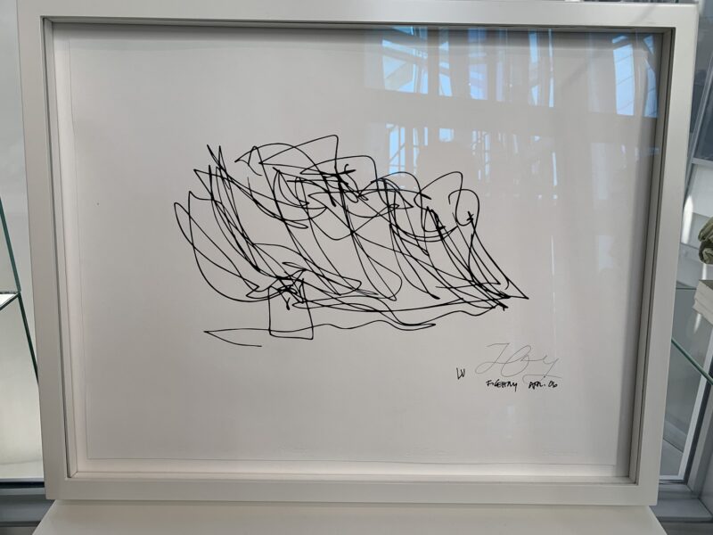 L'un des premiers dessins du projet architectural de la Fondation Louis Vuitton, signé Frank Gehry, en avril 2006 (exposé à la Fondation)