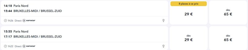 Capture d'écran du site SNCF-Connect où je trouve un billet de train Paris-Bruxelles dès 29€ pour me rendre à Bruxelles et profiter de l'offre Air&Rail