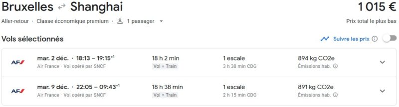 Capture d'écran du site Google Flights, où j'ai trouvé un aller-retour Bruxelles-Shanghai via Paris en classe Premium à partir de 1015€