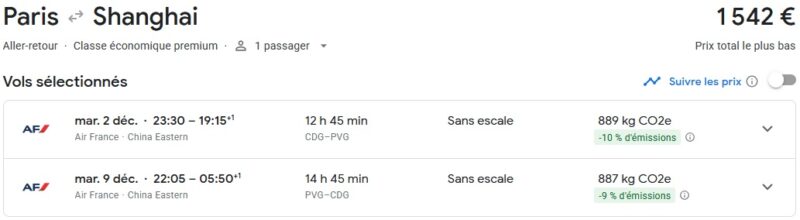 Capture d'écran du site Google Flights, où le vol Paris-Shanghai apparaît à 1542€ (contre 1015€ en partant de Bruxelles, aux mêmes dates)