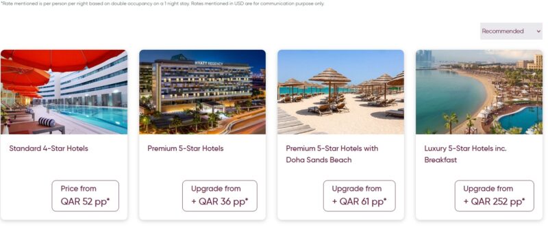 Capture d'écran du site discoverqatar.qa avec les catégories d'hôtels proposées