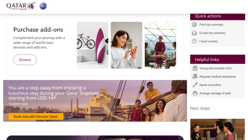 Capture d'écran de la page "Gérer ma réservation" sur le site de Qatar Airways