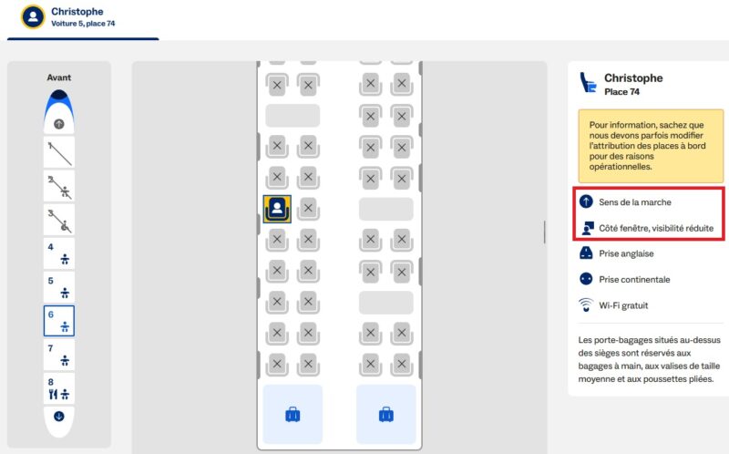 Le site internet Eurostar vous permet de sélectionner gratuitement votre siège, en vous indiquant clairement si vous êtes dans le sens de la marche et à côté d'une fenêtre (voir encadré rouge)