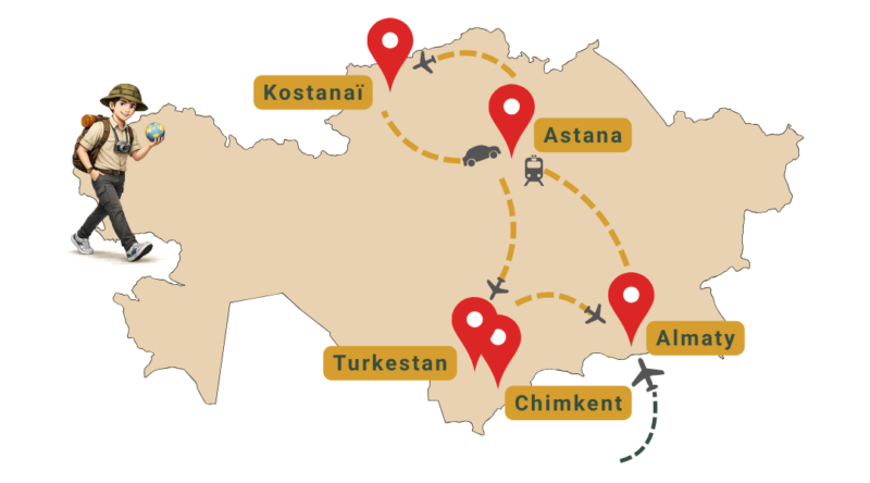 La carte de mon itinéraire au Kazakhstan lors de mon voyage en octobre 2025