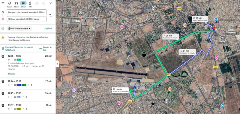 Capture d'écran de Google Maps avec les différentes options en bus pour rejoindre Marrakech depuis l'aéroport : la ligne n°19 (en vert) est la plus confortable