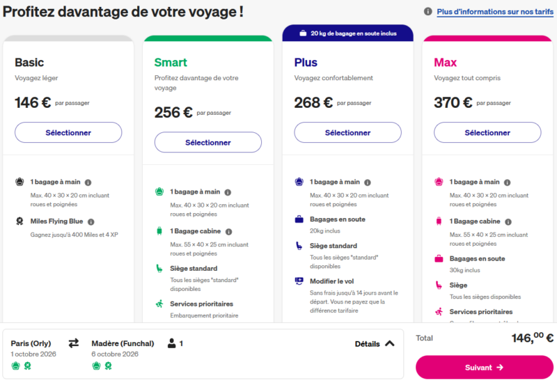 Capture d'écran d'une recherche de vols entre Paris et Funchal (Madère) sur le site internet de Transavia, avec les 4 tarifs proposés : Basic, Smart, Plus et Max