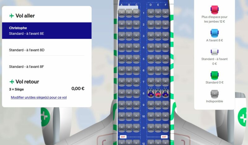 Capture d'écran de la page "Gérer ma réservation" du site internet de Transavia, avec le plan de cabine où il est possible de choisir son siège dans l'avion