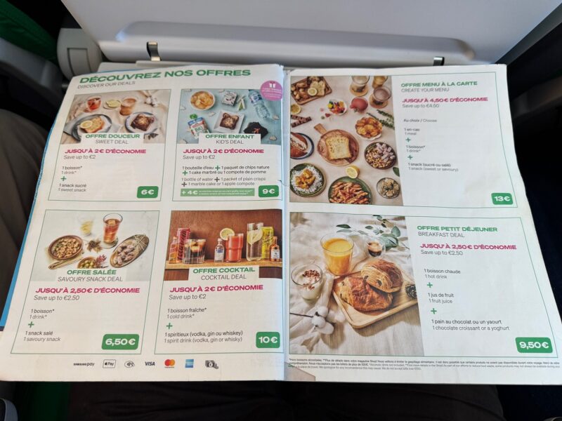 La carte des offres payantes proposée à bord de notre vol Transavia France (en mars 2026)