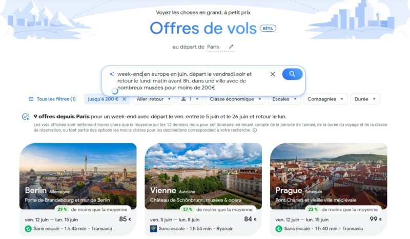 Capture d'écran de Google Flights avec une recherche de destination utilisant la fonctionnalité d'intelligence artificielle (IA)