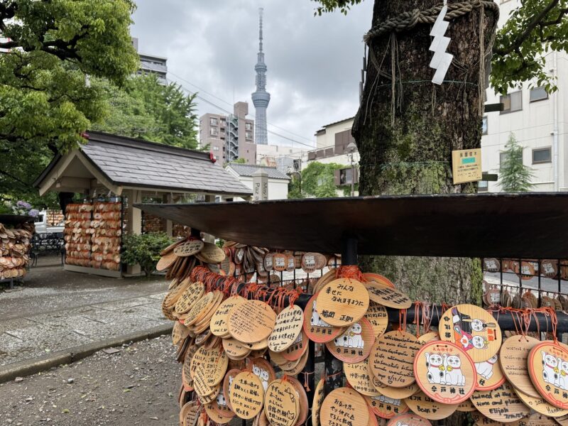 Des emas (plaques de bois avec des prières shintos) au sanctuaire d'Imado, avec la vue sur la Tokyo Skytree