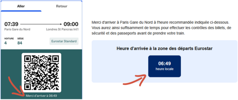 Votre billet (à gauche) ou le courriel que vous recevrez 24 heures avant le départ (à droite) vous rappellent l'heure d'arrivée conseillée