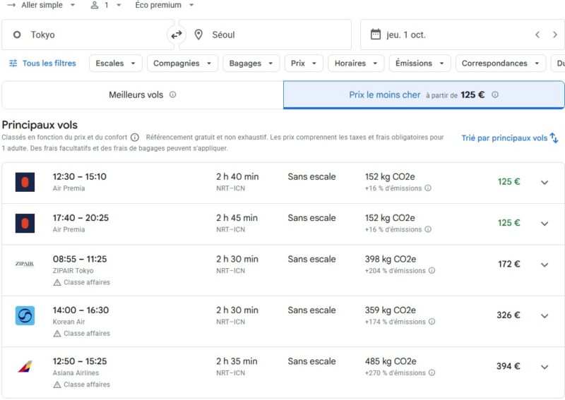 Une comparaison des tarifs en cabine Premium entre Tokyo et Séoul, pour un voyage le 1er octobre