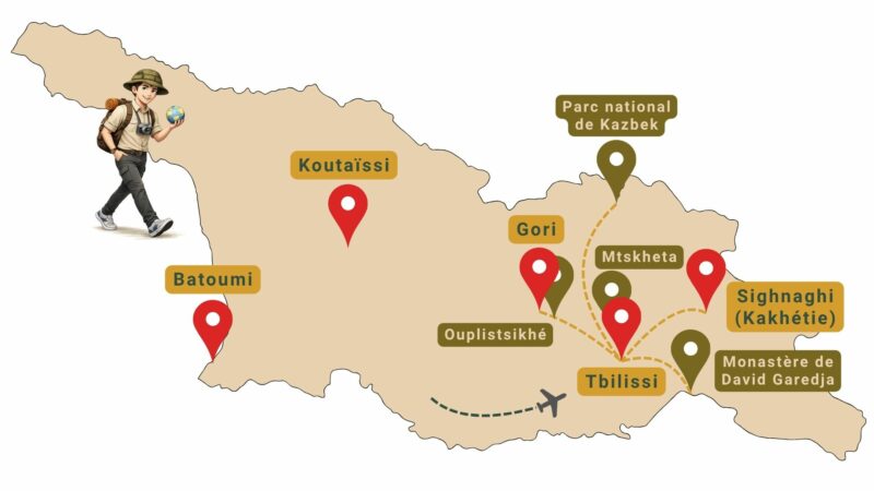 La carte des principaux sites à voir lors d'un voyage de quelques jours en Géorgie, à Tbilissi et dans les régions aux alentours