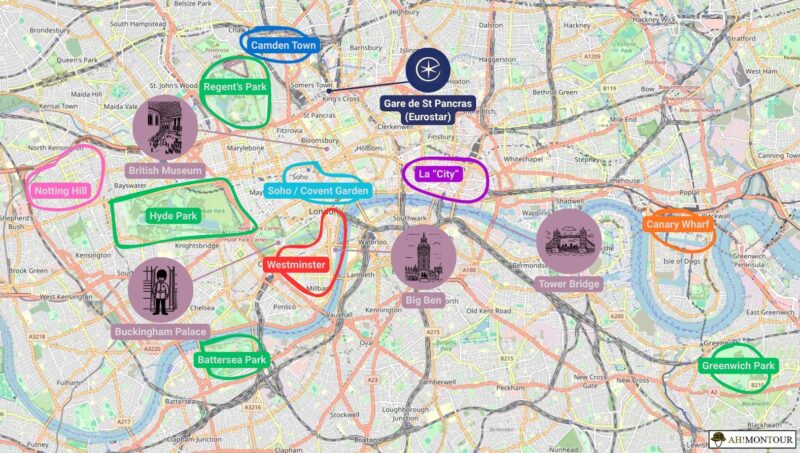 Carte des principaux quartiers du centre-ville de Londres (Westminster, Soho, Covent Garden, Notting Hill, la City, Canary Wharf), avec les points de repère (gare de St Pancras, British Museum, Buckingham Palace, Big Ben, Tower Bridge) et les principaux parcs de Londres (Regent's Park, Hyde Park, Battersea Park, Greenwich Park)