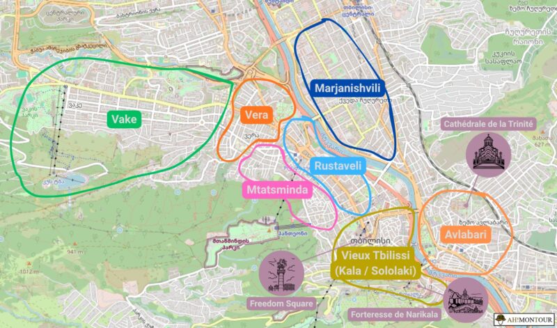 Carte des principaux quartiers du centre-ville de Tbilissi (Vieux Tbilissi : Kala / Sololaki, Avlabari, Rustaveli, Mtatsminda, Vera, Vake, Marjanishvili), avec les points de repère (Freedom Square, Forteresse de Narikala, Cathédrale de la Trinité)