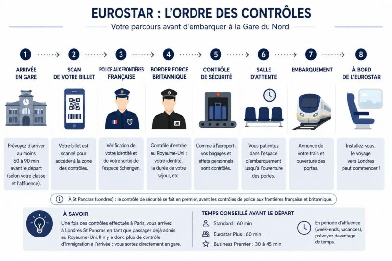 Illustration des contrôles à passer avant d'embarquer à bord de l'Eurostar