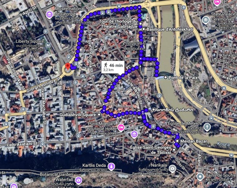 L'itinéraire que je vous propose pour découvrir à pied le Vieux Tbilissi (3km environ)