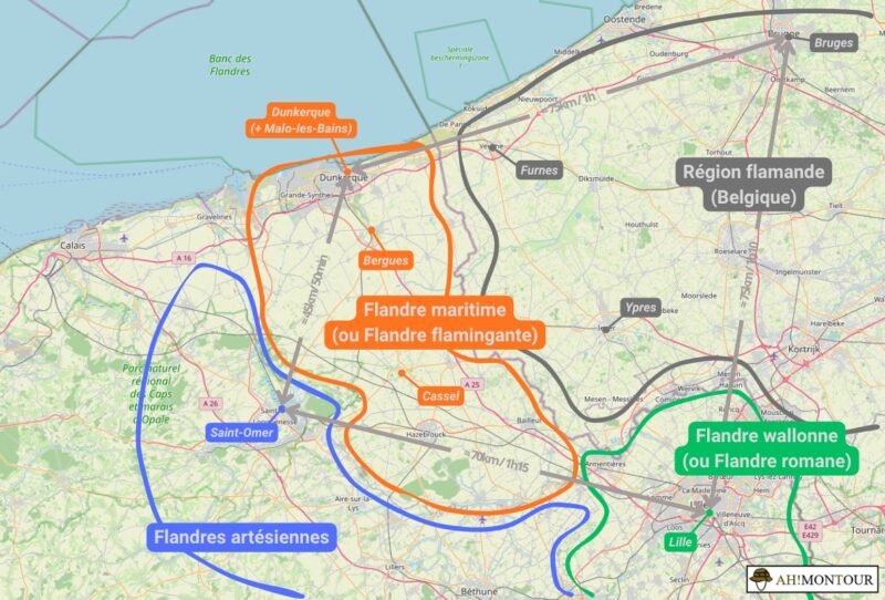 Une carte des Flandres françaises (et la région flamande belge) avec les principales villes à visiter