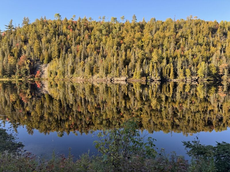 Une vue miroir sur un lac, près de L'Anse-Saint-Jean sur la rive sud de la route du fjord (Québec)